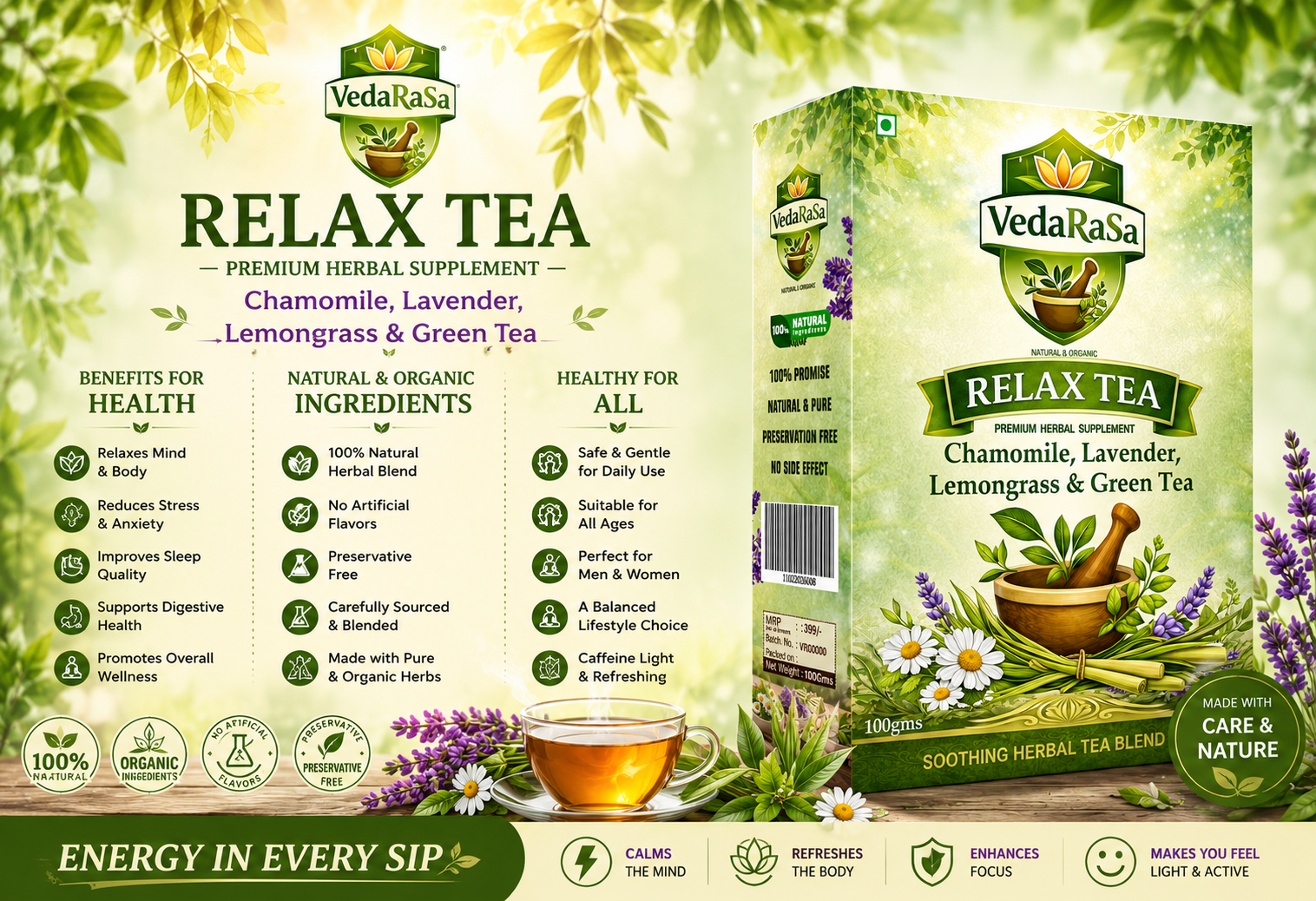 VedaRasa Relax Herbal Tea 100g | Chamomile, Lavender, Lemongrass & Green Tea | Natural Stress Relief & Sleep Support | Calming Ayurvedic Wellness Tea