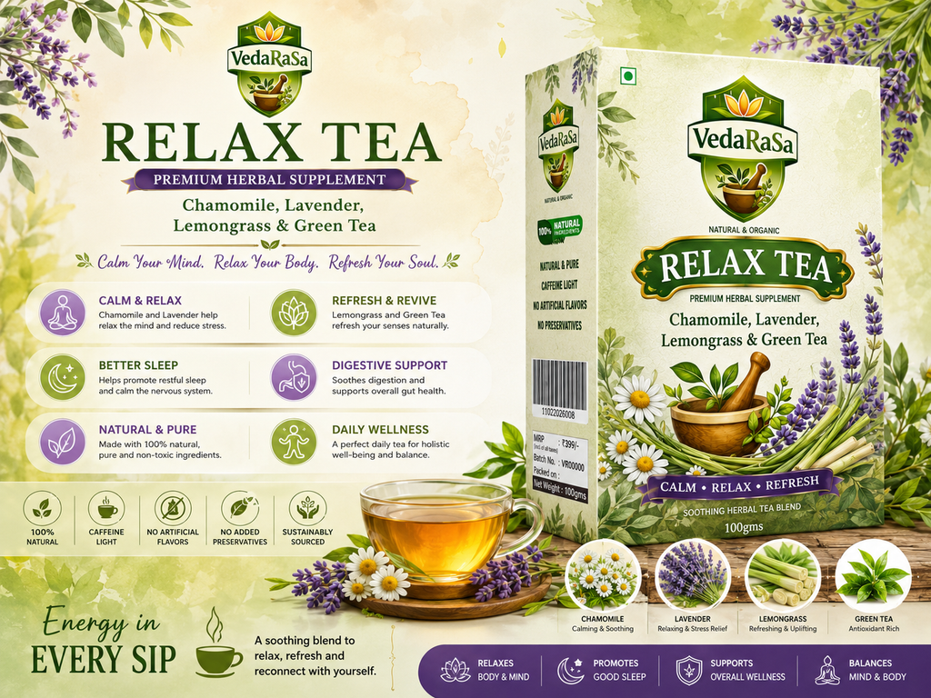 VedaRasa Relax Herbal Tea 100g | Chamomile, Lavender, Lemongrass & Green Tea | Natural Stress Relief & Sleep Support | Calming Ayurvedic Wellness Tea