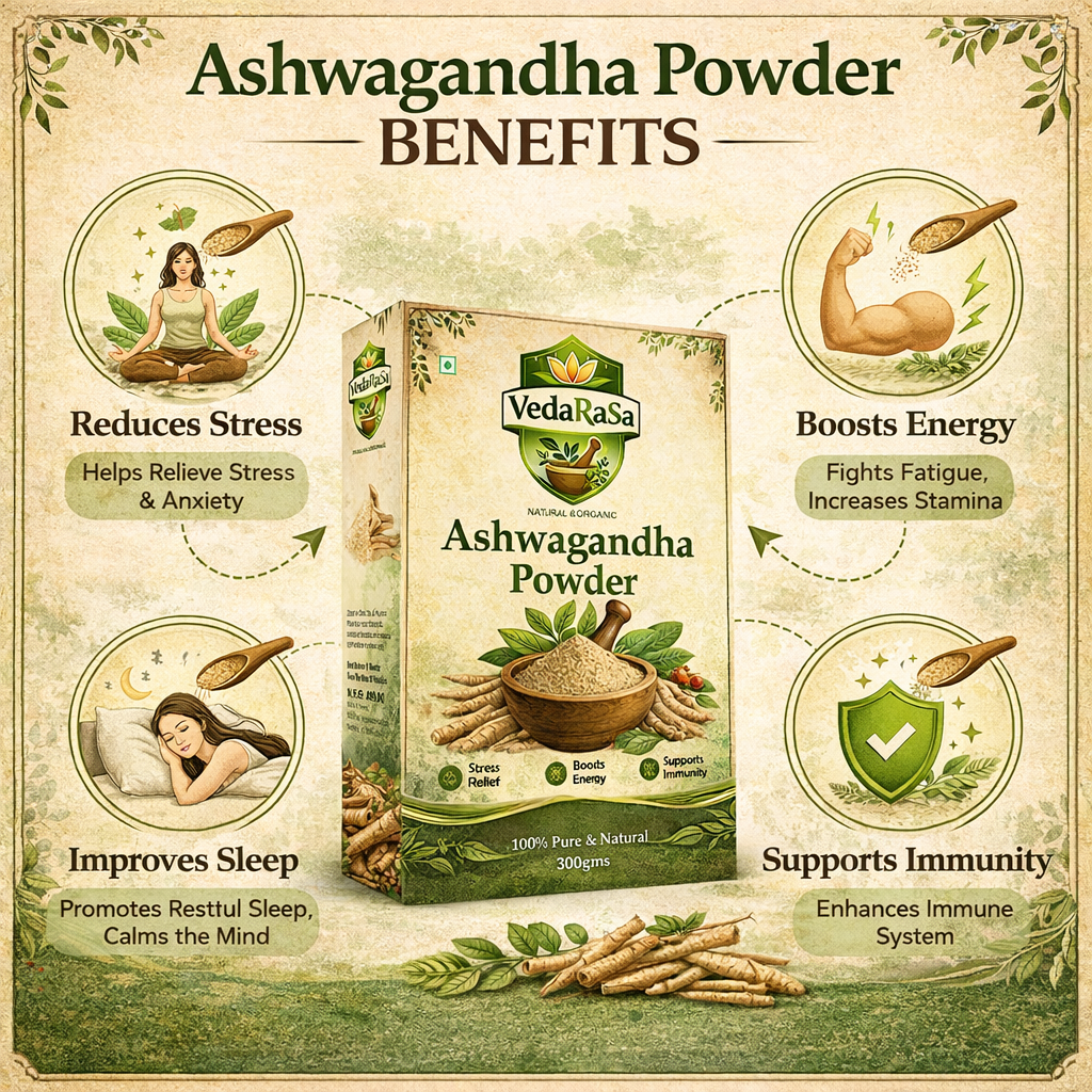 VedaRasa Ashwagandha Powder | 100% Pure & Natural Herbal Supplement | Supports Stress Relief, Energy & Immunity | No Additives