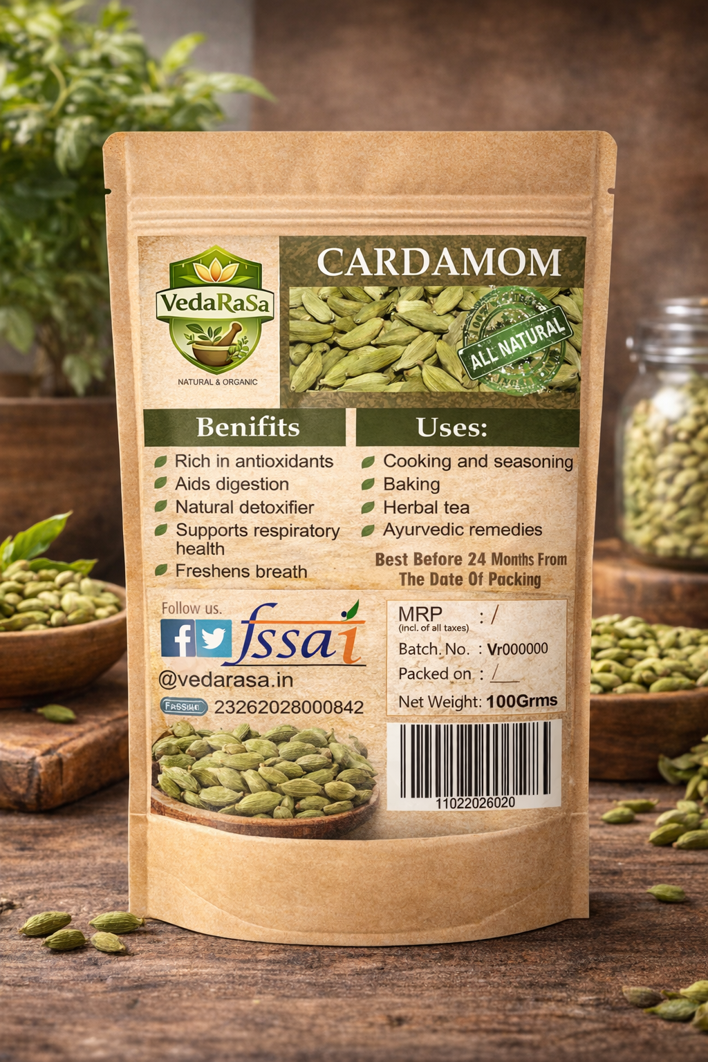 VedaRaSa Raw Green Cardamom (Elaichi) 100g – Premium Whole Cardamom Pods | Natural & Organic | Aromatic Spice for Tea, Cooking & Desserts