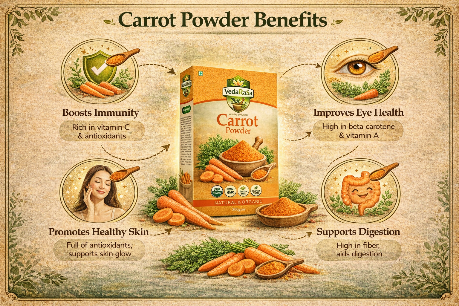 VedaRasa Carrot Powder 100% Pure & Natural Carrot Root Powder | Rich in Vitamin A & Antioxidants | Supports Eye Health, Skin Glow & Immunity | No Preservatives