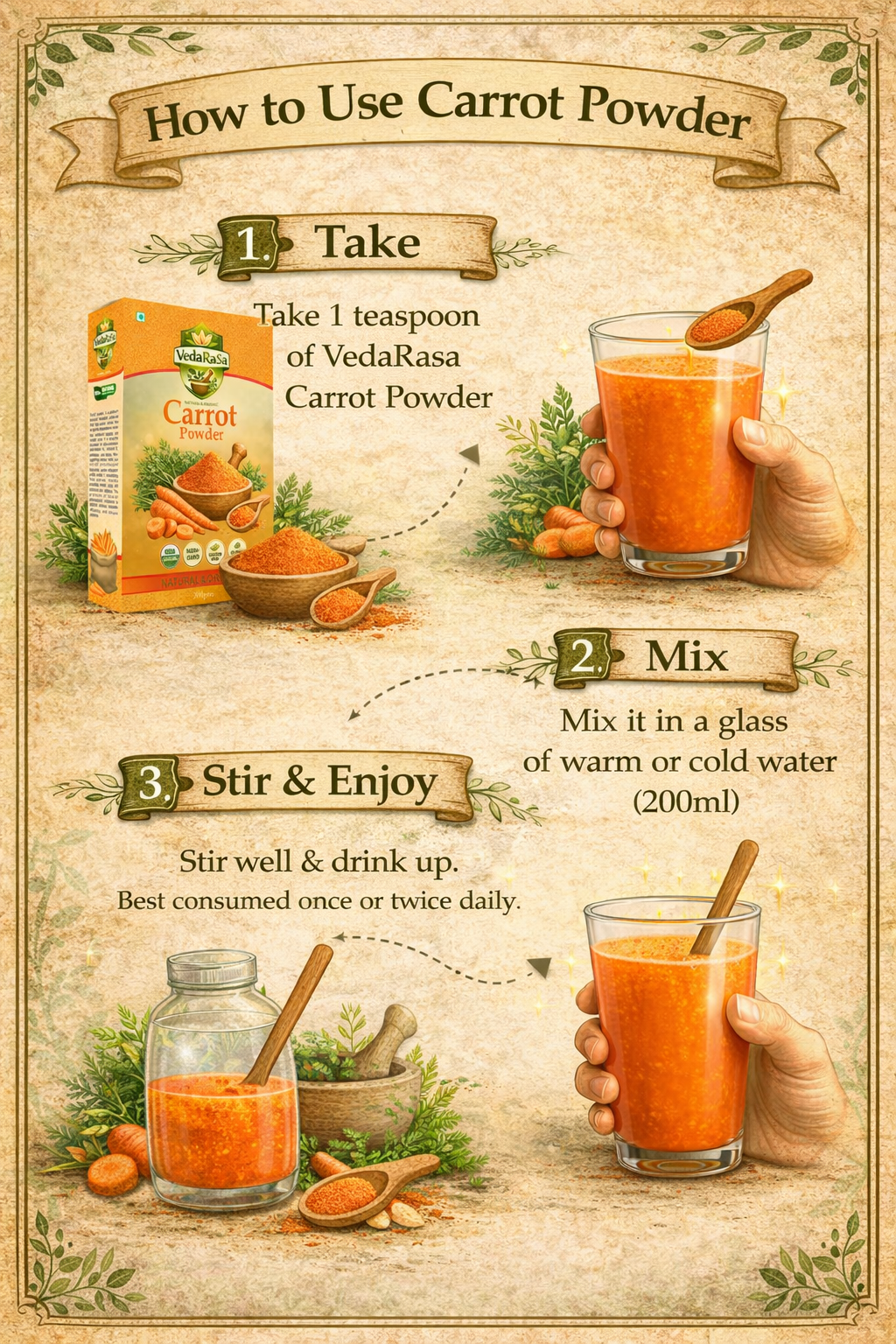 VedaRasa Carrot Powder 100% Pure & Natural Carrot Root Powder | Rich in Vitamin A & Antioxidants | Supports Eye Health, Skin Glow & Immunity | No Preservatives