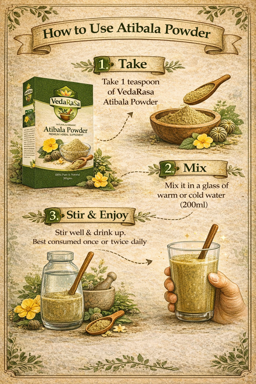 VedaRasa Atibala Powder 100% Pure & Natural Atibala (Abutilon Indicum) Powder | Ayurvedic Herbal Supplement | Supports Strength, Vitality & Immunity | No Additives