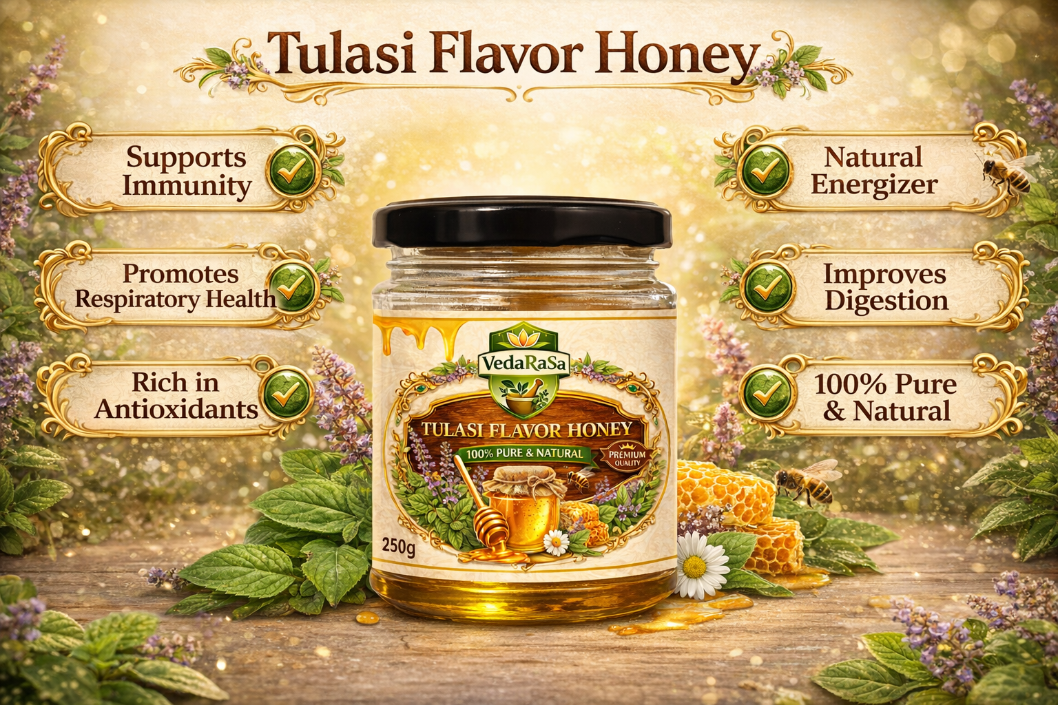 VedaRasa Tulasi Flavor Honey 250g | 100% Pure & Natural Honey | Infused with Tulsi | Immunity Booster | No Added Sugar, No Preservatives
