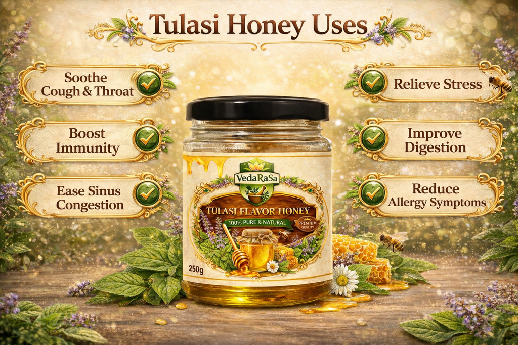 VedaRasa Tulasi Flavor Honey 250g | 100% Pure & Natural Honey | Infused with Tulsi | Immunity Booster | No Added Sugar, No Preservatives