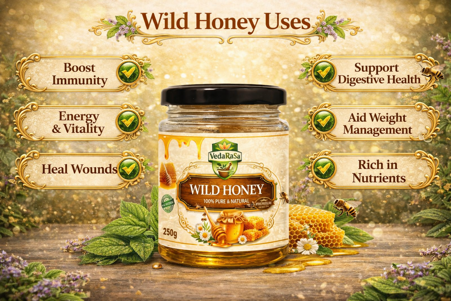 VedaRasa Wild Honey 250g | 100% Pure & Natural Raw Honey | Unprocessed, No Added Sugar | Rich in Antioxidants | Immunity Booster