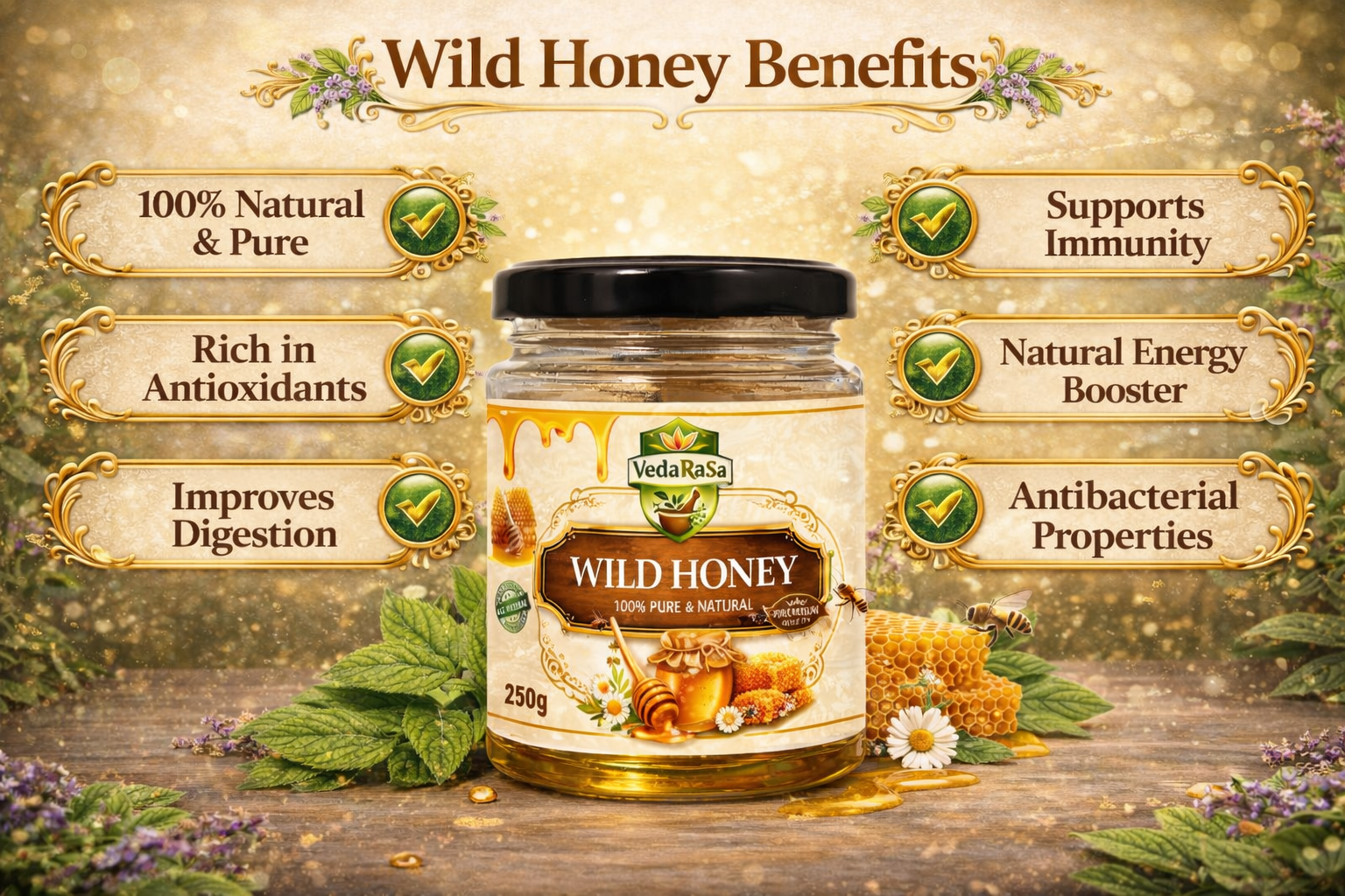 VedaRasa Wild Honey 250g | 100% Pure & Natural Raw Honey | Unprocessed, No Added Sugar | Rich in Antioxidants | Immunity Booster