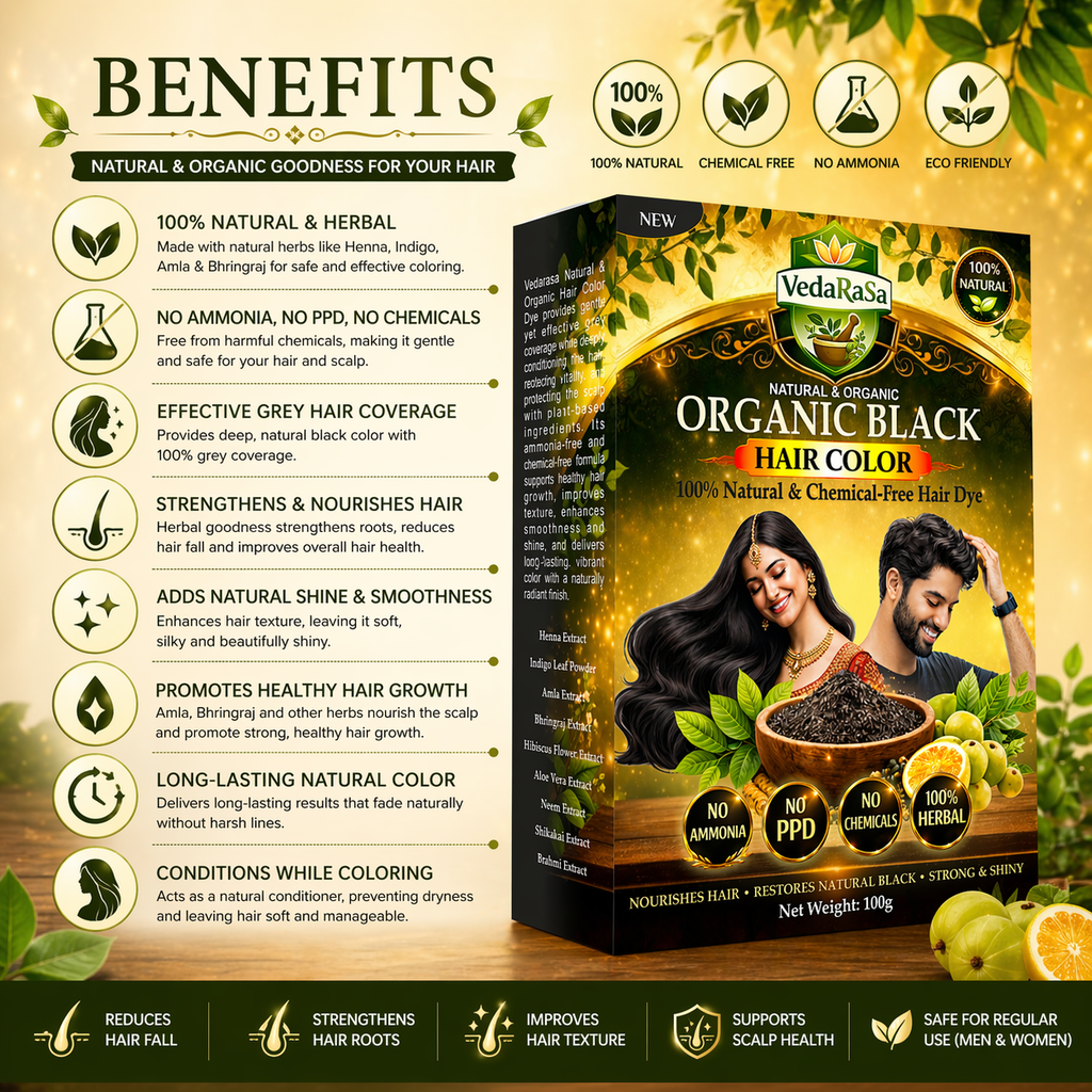 VedaRaSa Natural & Organic Black Hair Color 100g Herbal Hair Dye 100% Chemical-Free Ammonia-Free Grey Coverage Long-Lasting Natural Black Made with Ayurvedic Ingredients