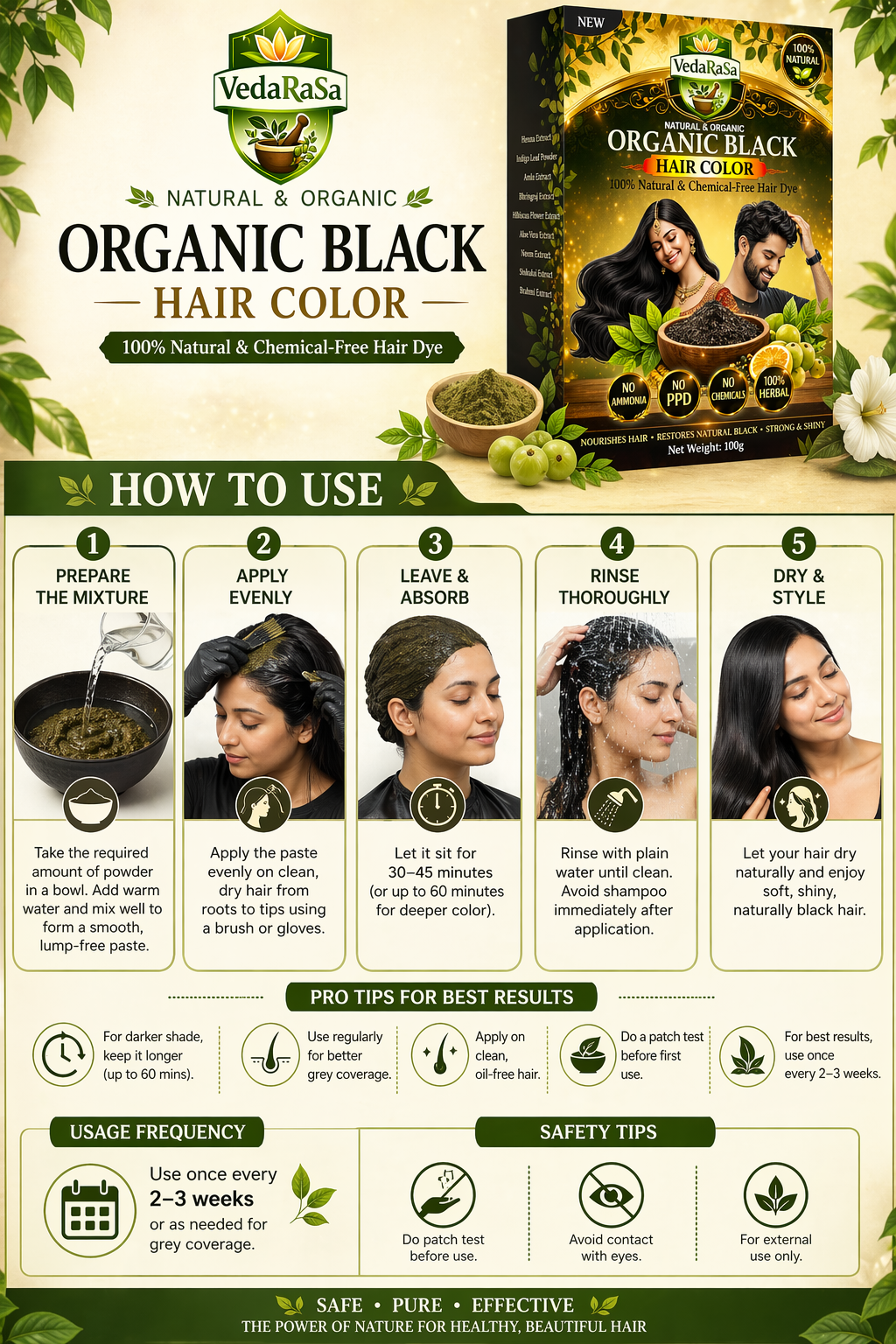 VedaRaSa Natural & Organic Black Hair Color 100g Herbal Hair Dye 100% Chemical-Free Ammonia-Free Grey Coverage Long-Lasting Natural Black Made with Ayurvedic Ingredients