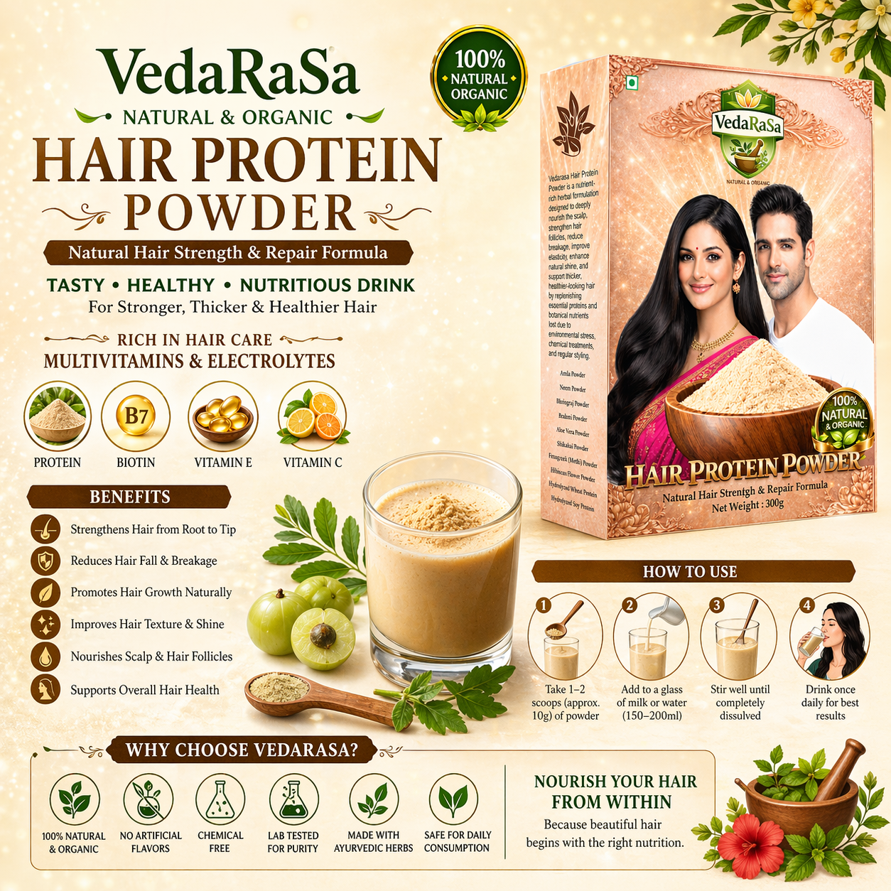 VedaRaSa Natural and Organic Hair Protein Powder Tasty Healthy Drink for Hair Care Rich in Multivitamins and Electrolytes Supports Hair Growth Strength and Shine