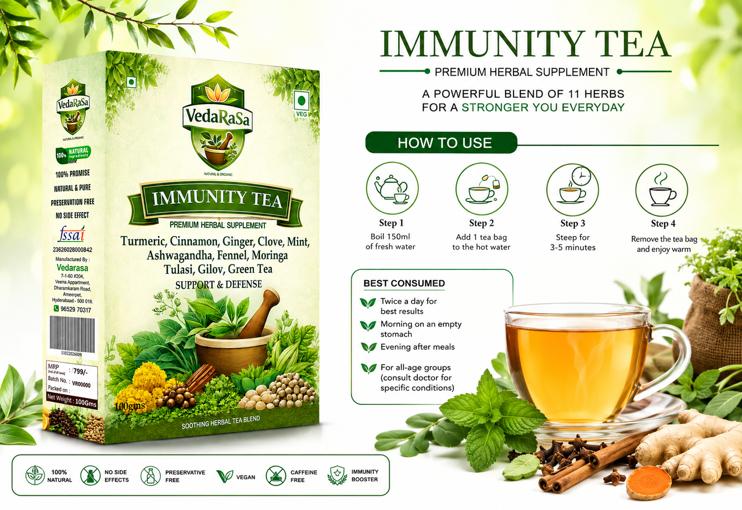 VedaRasa Herbal Immunity Tea Powder 100g | 100% Natural & Organic Herbal Tea | Immunity Booster Drink | Rich in Antioxidants | Supports Cold, Cough & Wellness | No Preservatives