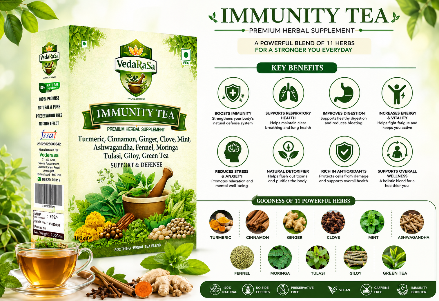 VedaRasa Herbal Immunity Tea Powder 100g | 100% Natural & Organic Herbal Tea | Immunity Booster Drink | Rich in Antioxidants | Supports Cold, Cough & Wellness | No Preservatives