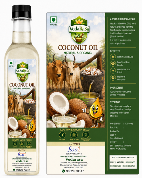 VedaRasa Coconut Oil 1L | 100% Pure Cold-Pressed Coconut Oil | Natural & Unrefined | For Hair, Skin & Cooking | No Chemicals or Preservatives