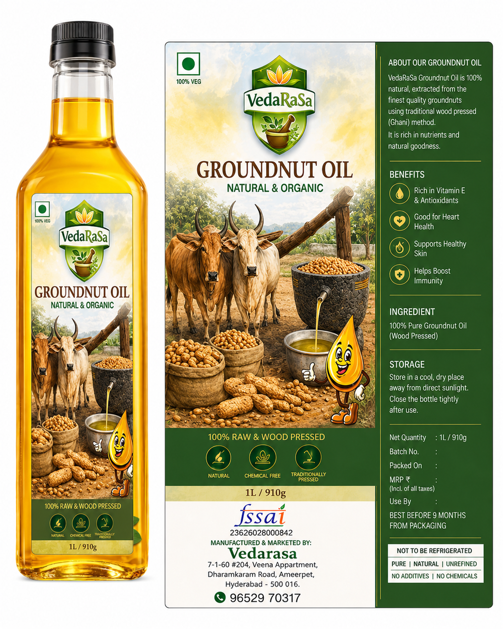 VedaRasa Groundnut Oil 1L | 100% Pure Cold-Pressed Peanut Oil | Natural & Unrefined | For Cooking & Frying | Rich Aroma | No Chemicals or Preservatives