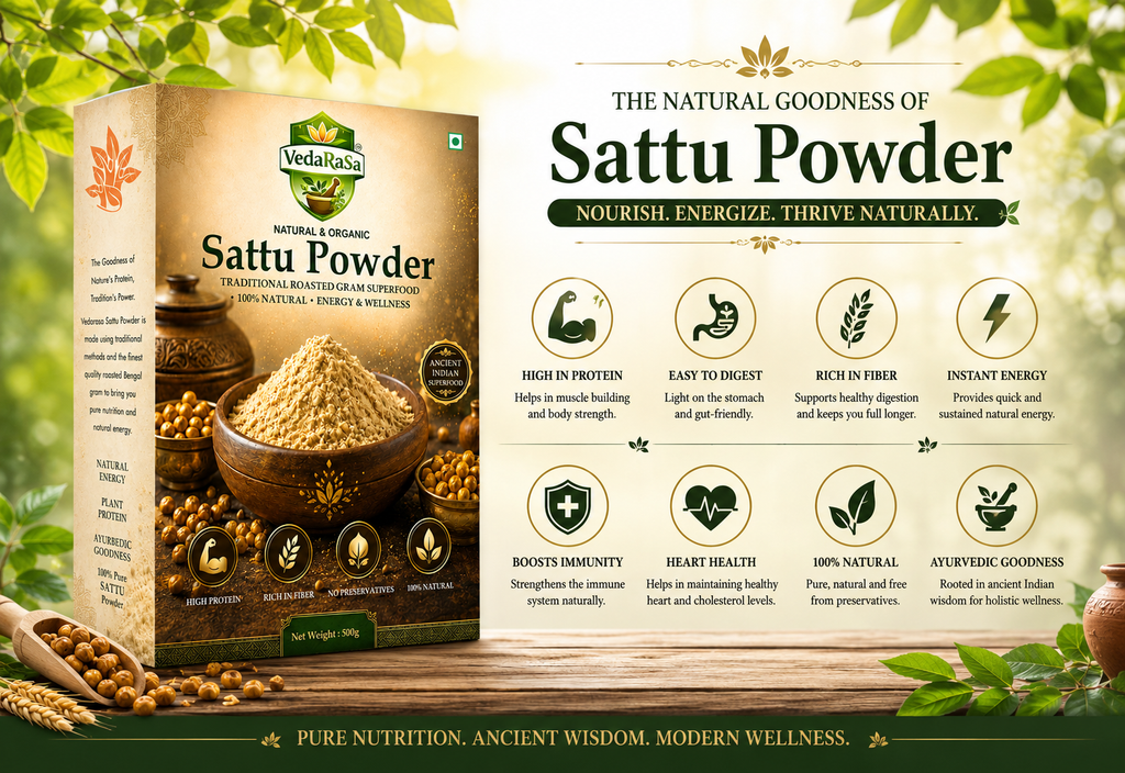 VedaRasa Sattu Powder | Premium Roasted Chana Powder | Made from Organic Chickpeas | High Protein & Rich Fiber | Traditional Indian Superfood | 100% Natural