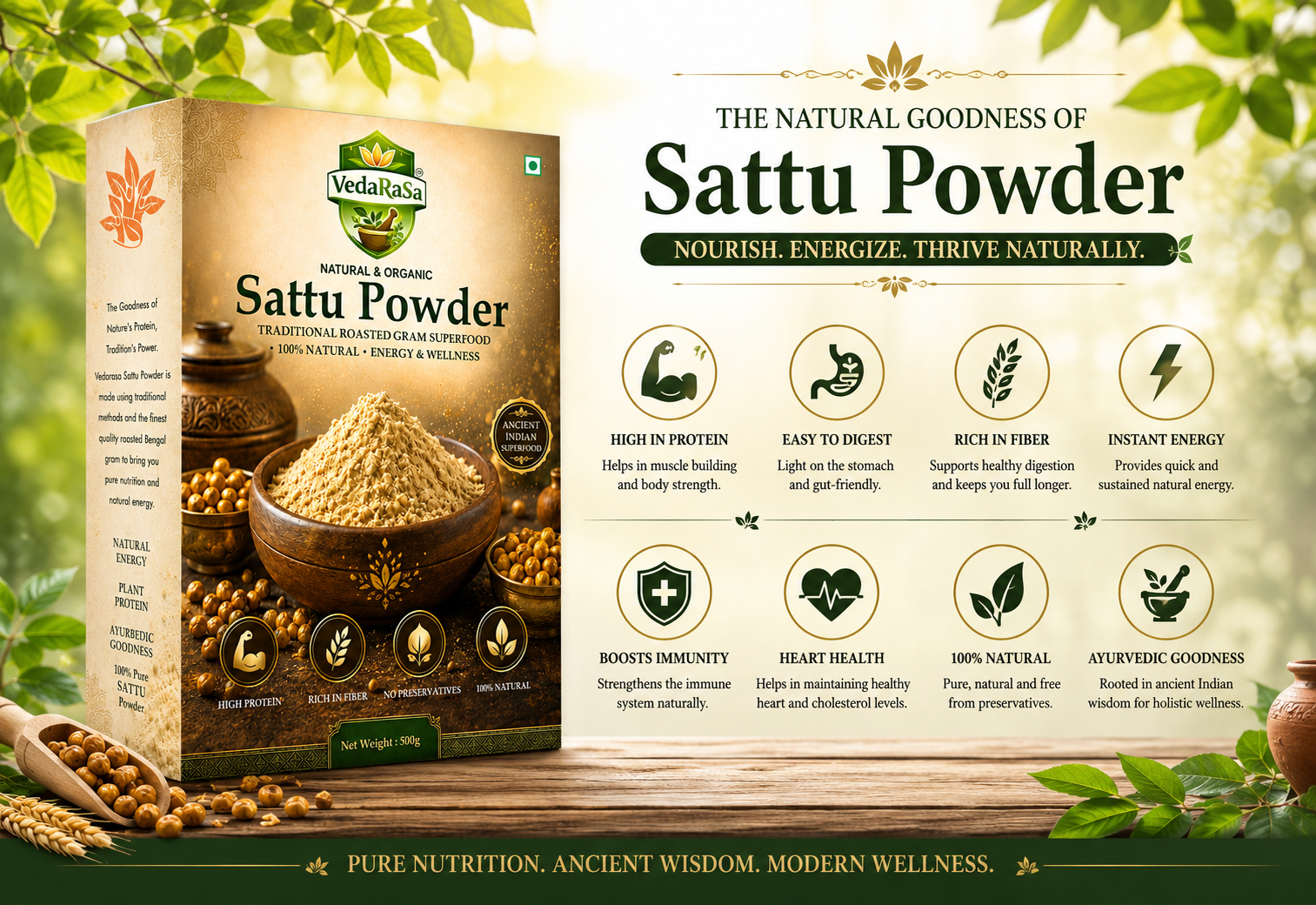 VedaRasa Sattu Powder | Premium Roasted Chana Powder | Made from Organic Chickpeas | High Protein & Rich Fiber | Traditional Indian Superfood | 100% Natural