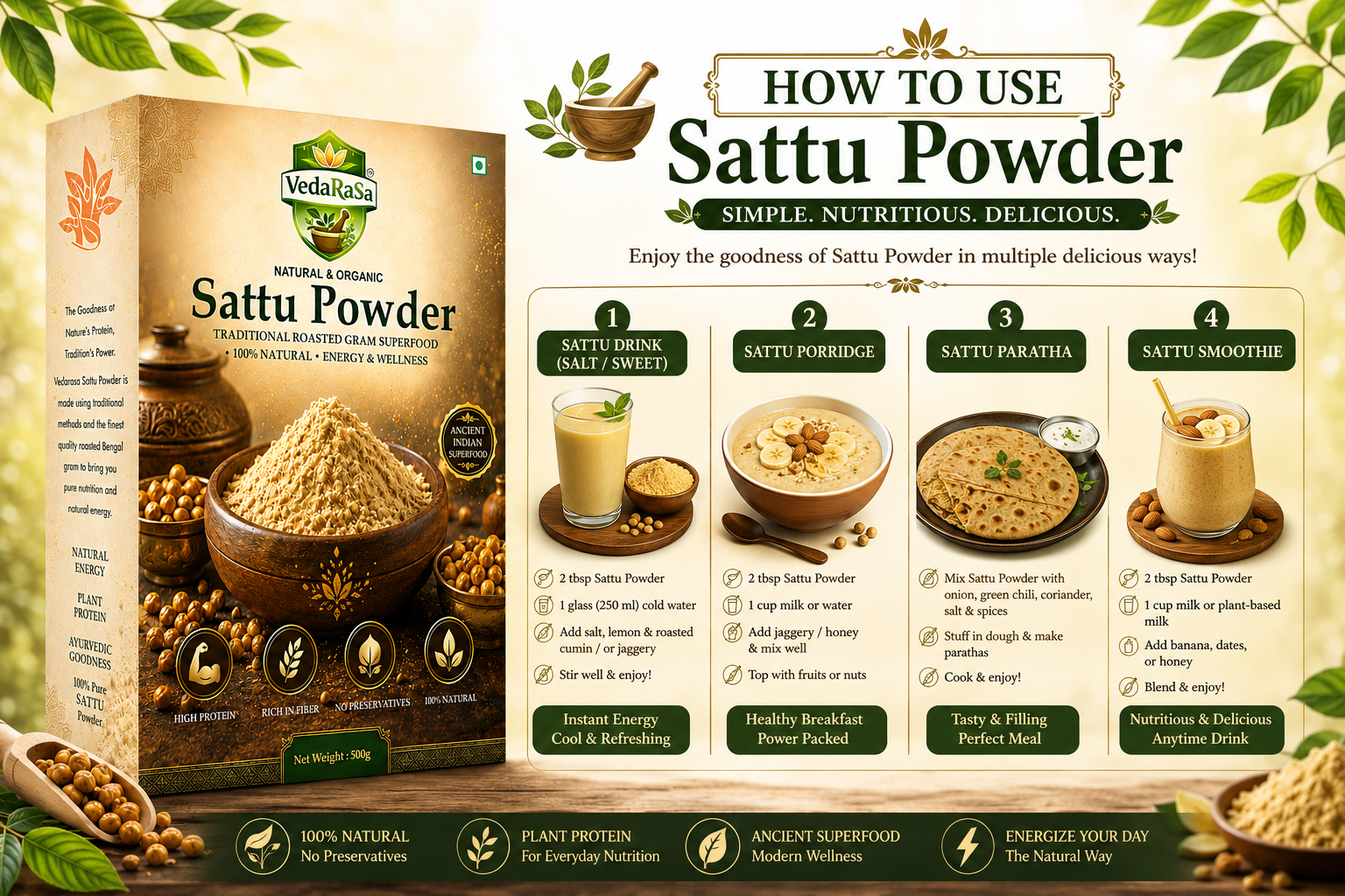 VedaRasa Sattu Powder | Premium Roasted Chana Powder | Made from Organic Chickpeas | High Protein & Rich Fiber | Traditional Indian Superfood | 100% Natural