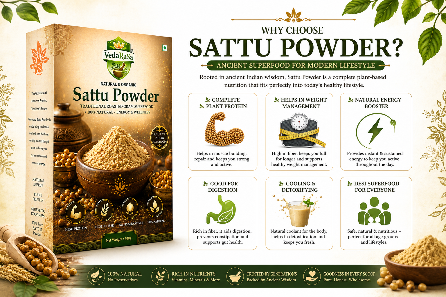 VedaRasa Sattu Powder | Premium Roasted Chana Powder | Made from Organic Chickpeas | High Protein & Rich Fiber | Traditional Indian Superfood | 100% Natural