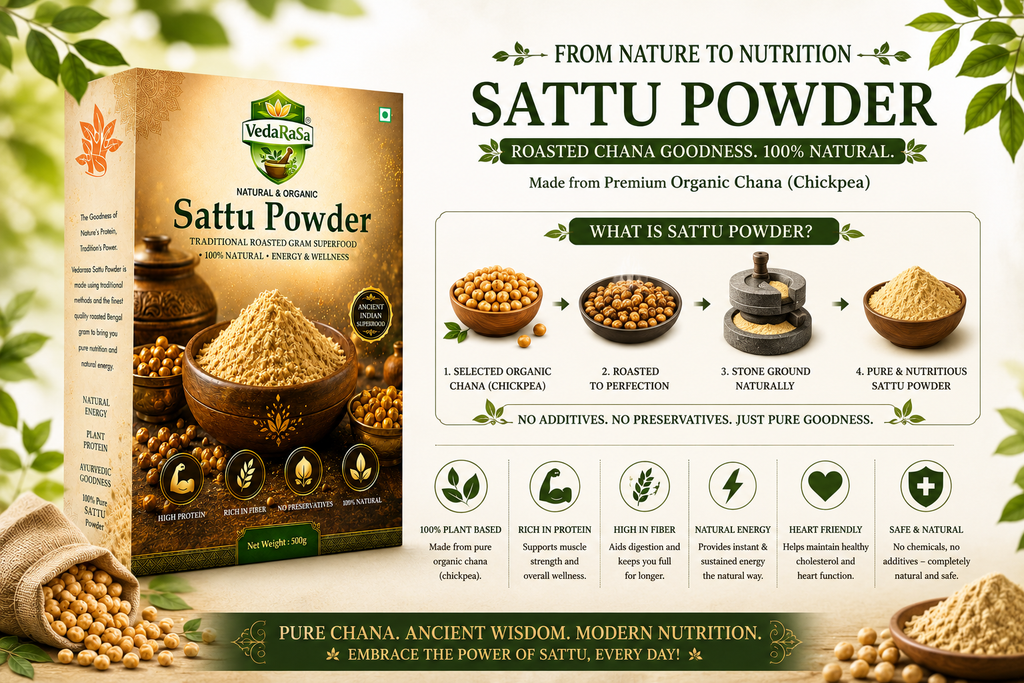 VedaRasa Sattu Powder | Premium Roasted Chana Powder | Made from Organic Chickpeas | High Protein & Rich Fiber | Traditional Indian Superfood | 100% Natural