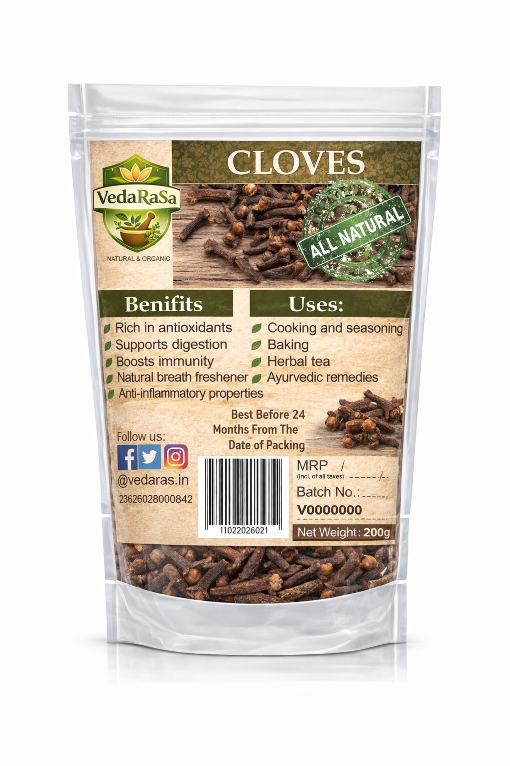 VedaRaSa Raw Cloves (Laung) 50g – Premium Whole Cloves | Natural & Organic | Strong Aroma Spice for Cooking, Tea & Ayurvedic Use
