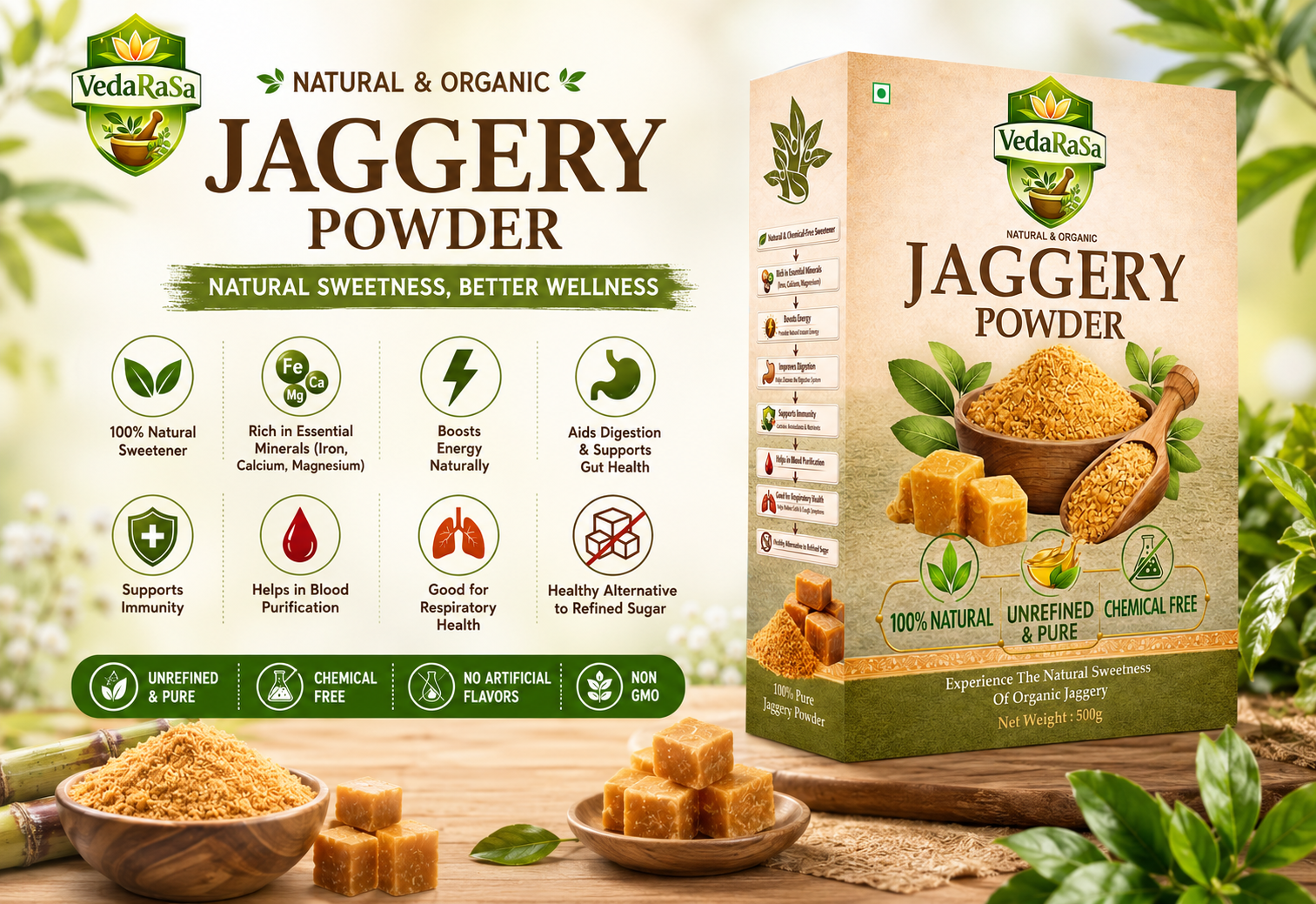 Vedarasa Jaggery Powder | Natural Unrefined Cane Jaggery | Chemical-Free Traditional Sweetener | Rich in Iron & Minerals | Healthy Sugar Alternative for Tea, Sweets & Cooking