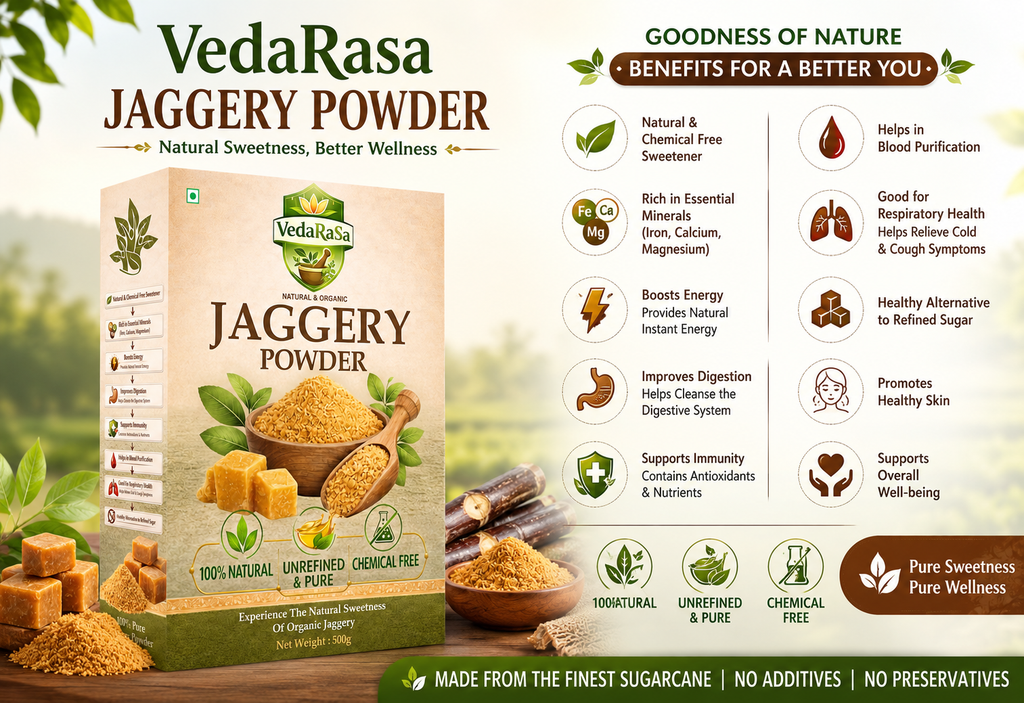 Vedarasa Jaggery Powder | Natural Unrefined Cane Jaggery | Chemical-Free Traditional Sweetener | Rich in Iron & Minerals | Healthy Sugar Alternative for Tea, Sweets & Cooking