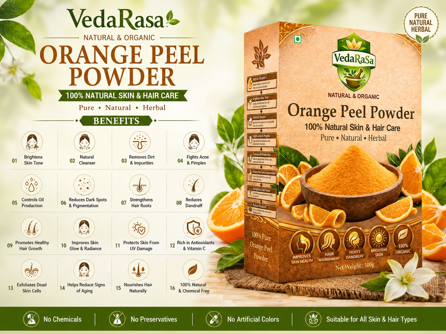 Vedarasa Orange Peel Powder for Face Pack & Skin Care – 100% Pure Natural Orange Peel Powder for Glowing Skin, Tan Removal & Deep Cleansing