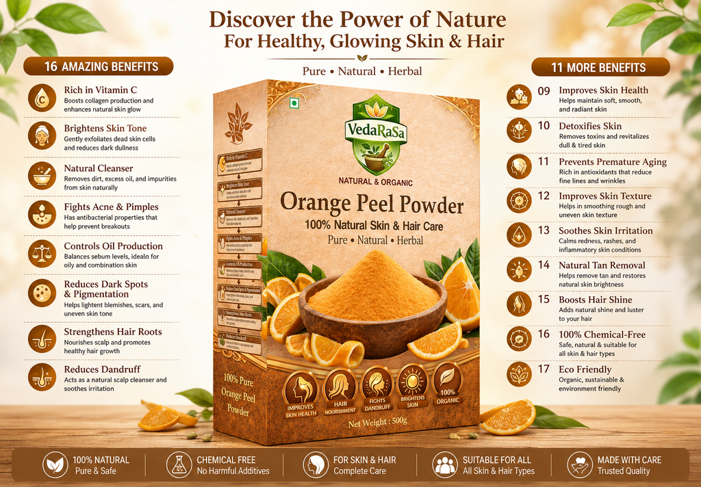 Vedarasa Orange Peel Powder for Face Pack & Skin Care – 100% Pure Natural Orange Peel Powder for Glowing Skin, Tan Removal & Deep Cleansing