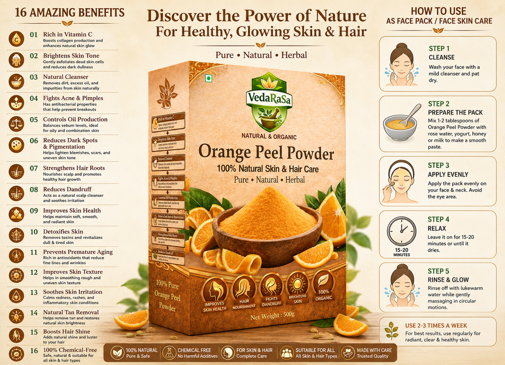 Vedarasa Orange Peel Powder for Face Pack & Skin Care – 100% Pure Natural Orange Peel Powder for Glowing Skin, Tan Removal & Deep Cleansing
