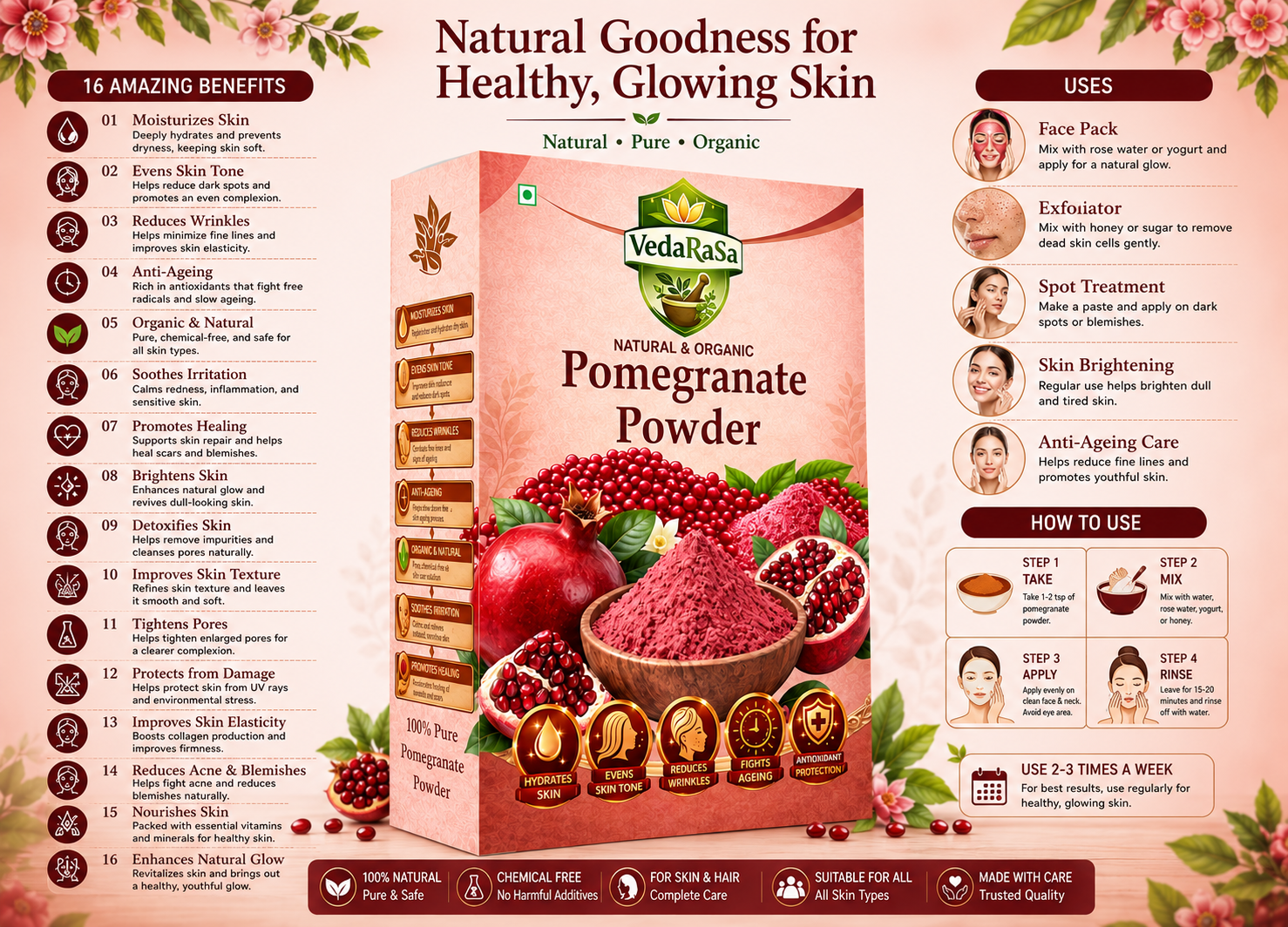 VedaRasa Pomegranate Powder for Skin Care & Face Pack | Natural & Organic Herbal Powder for Glowing Skin, Anti-Aging, Skin Brightening, Hydration & Healthy Complexion