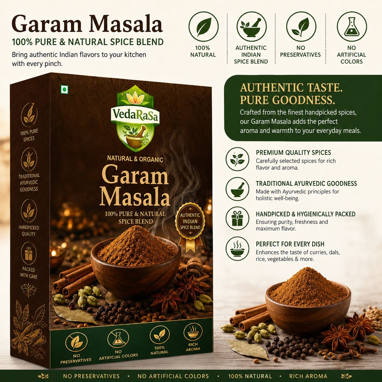 VedaRasa Organic Garam Masala Powder | Pure & Natural Indian Spice Blend | Aromatic Traditional Masala for Curry, Biryani & Daily Cooking