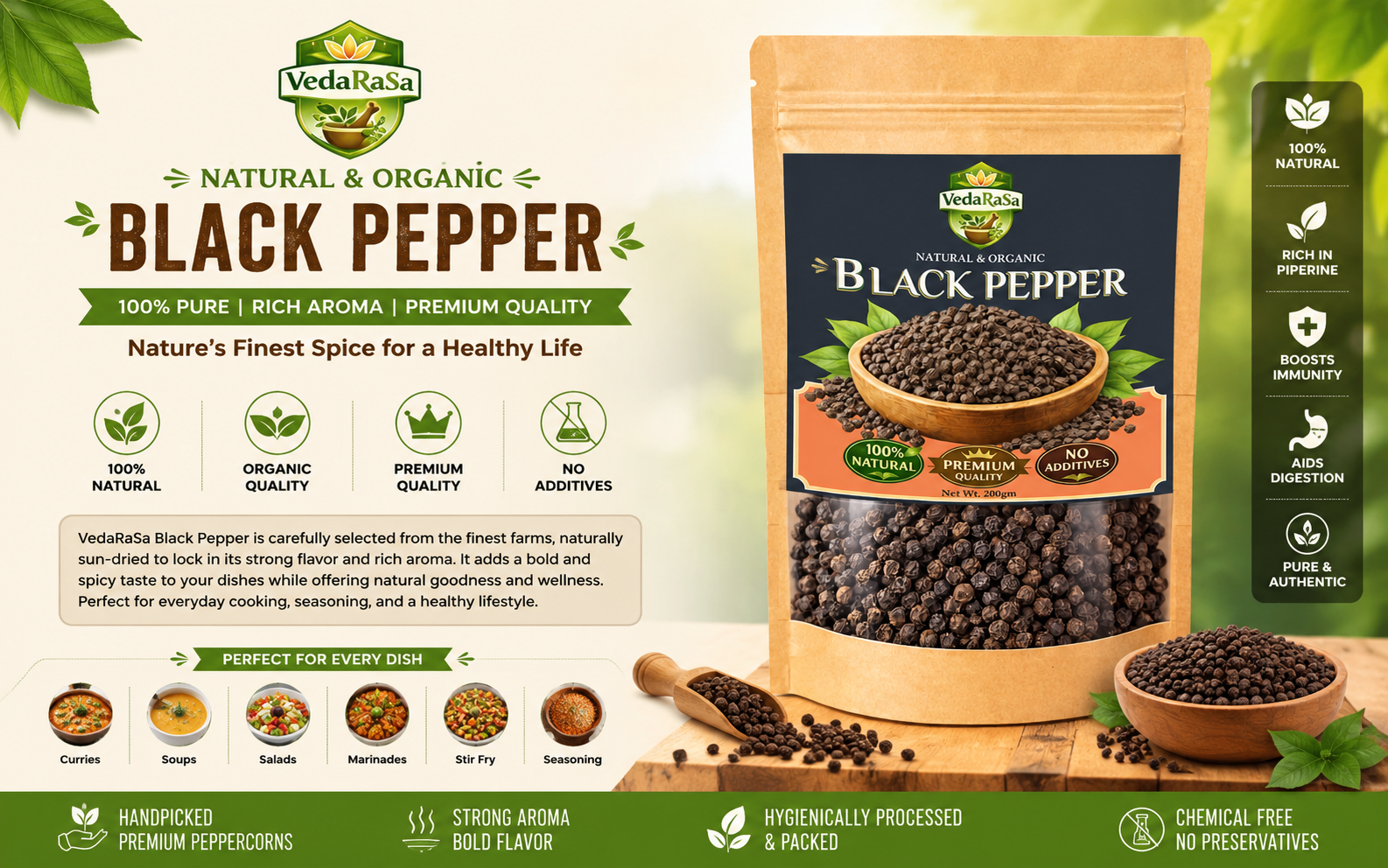 VedaRasa Black Pepper Powder 200g | 100% Pure & Natural Kali Mirch | Strong Aroma & Rich Flavor | No Additives, Preservative-Free | Ideal for Cooking & Immunity