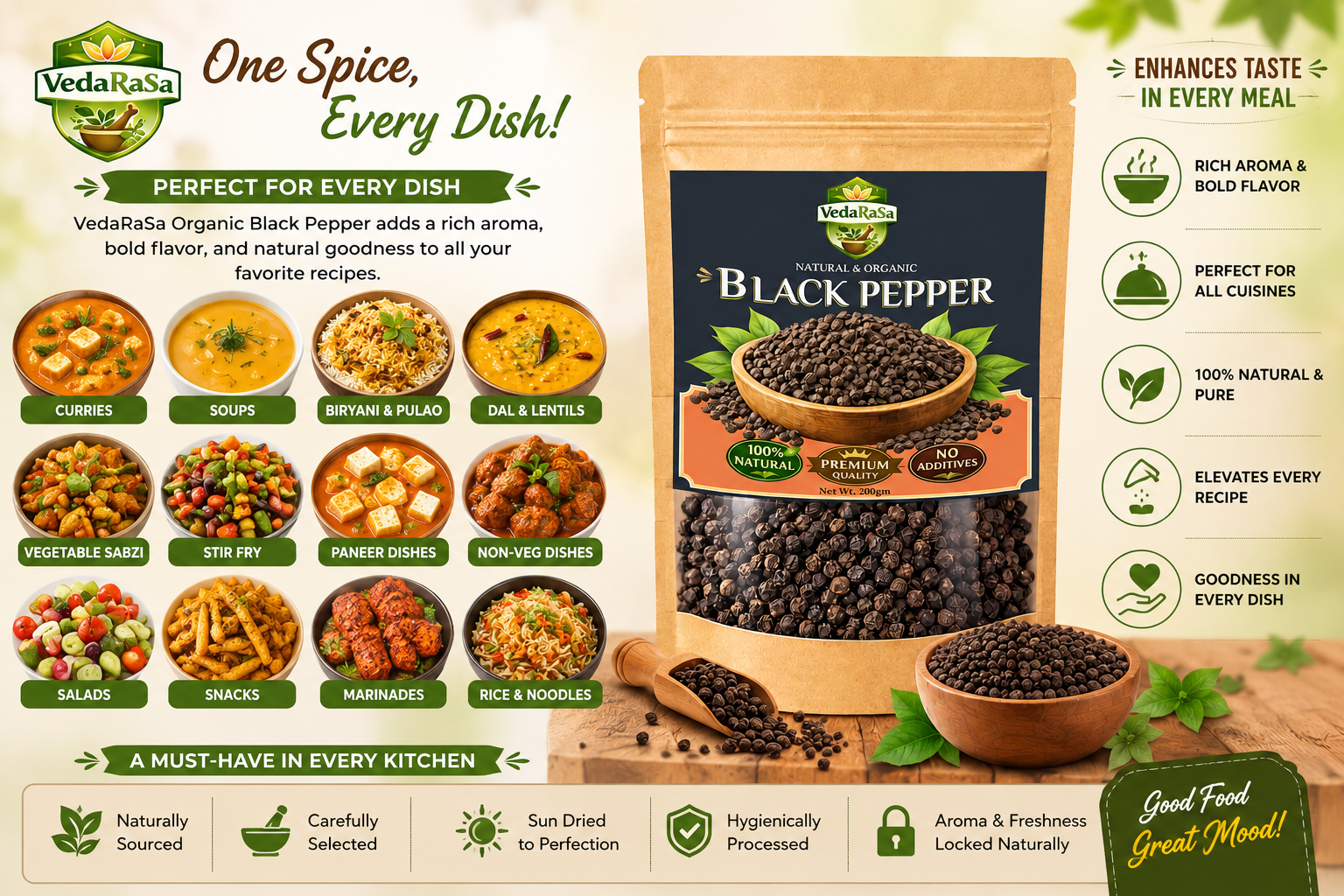 VedaRasa Black Pepper Powder 200g | 100% Pure & Natural Kali Mirch | Strong Aroma & Rich Flavor | No Additives, Preservative-Free | Ideal for Cooking & Immunity