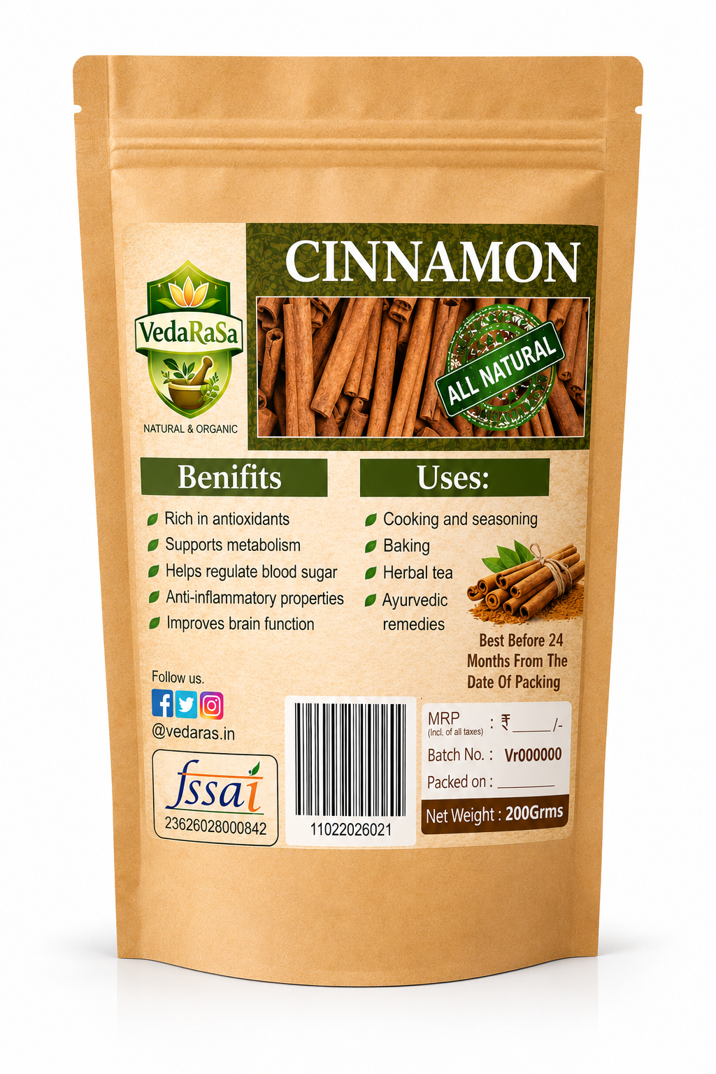 VedaRaSa Raw Cinnamon Sticks (Dalchini) 50g – Premium Whole Cinnamon | Natural & Organic Aromatic Spice for Tea, Cooking & Baking