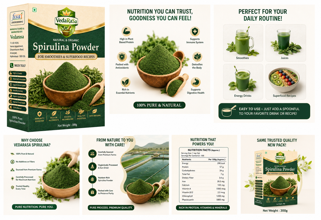 Vedarasa Spirulina Powder 300 G| 100% Pure Natural Superfood | Rich in Protein, Iron & Antioxidants | Supports Immunity, Energy & Detox | Vegan, Non-GMO Nutritional Supplement