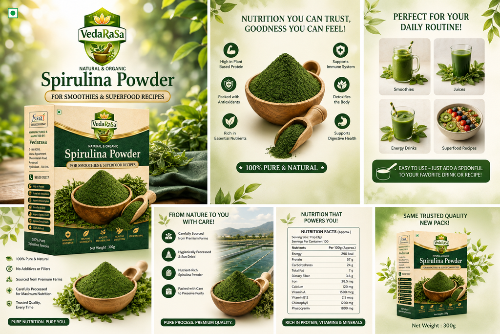 Vedarasa Spirulina Powder 300 G| 100% Pure Natural Superfood | Rich in Protein, Iron & Antioxidants | Supports Immunity, Energy & Detox | Vegan, Non-GMO Nutritional Supplement