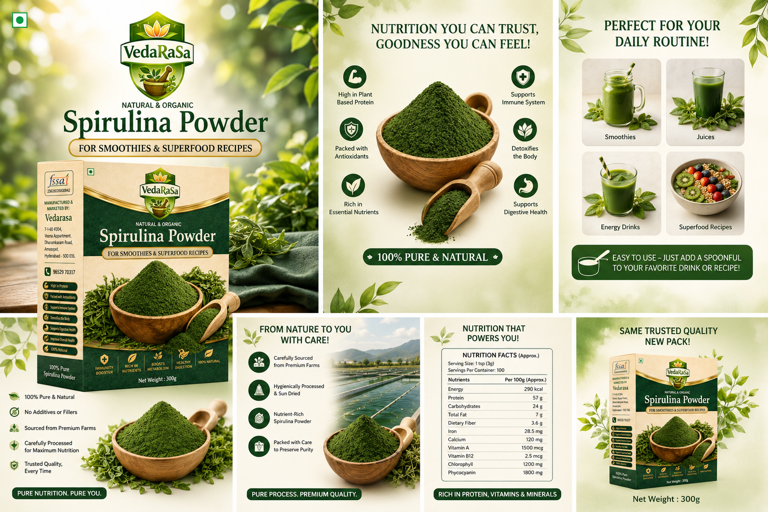 Vedarasa Spirulina Powder 300 G| 100% Pure Natural Superfood | Rich in Protein, Iron & Antioxidants | Supports Immunity, Energy & Detox | Vegan, Non-GMO Nutritional Supplement