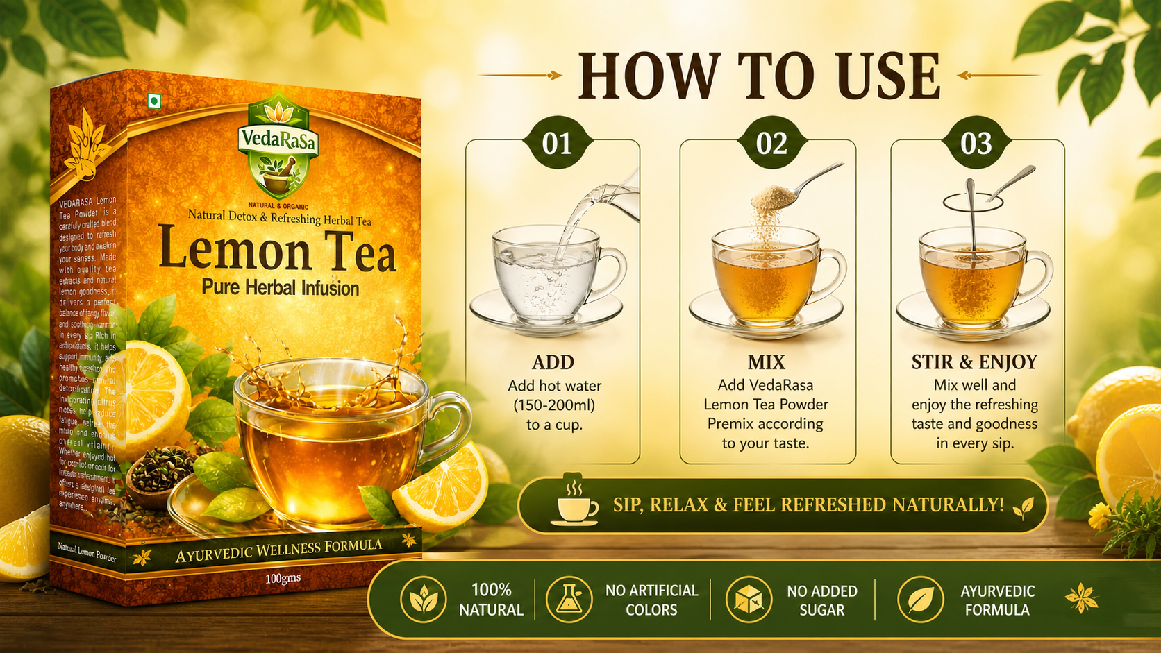 Vedarasa Lemon Tea Powder Premium Instant Lemon Tea Mix Refreshing Citrus Flavor Rich in Antioxidants Natural Energy Booster No Preservatives Easy to Prepare Hot or Cold Beverage for Daily Wellness