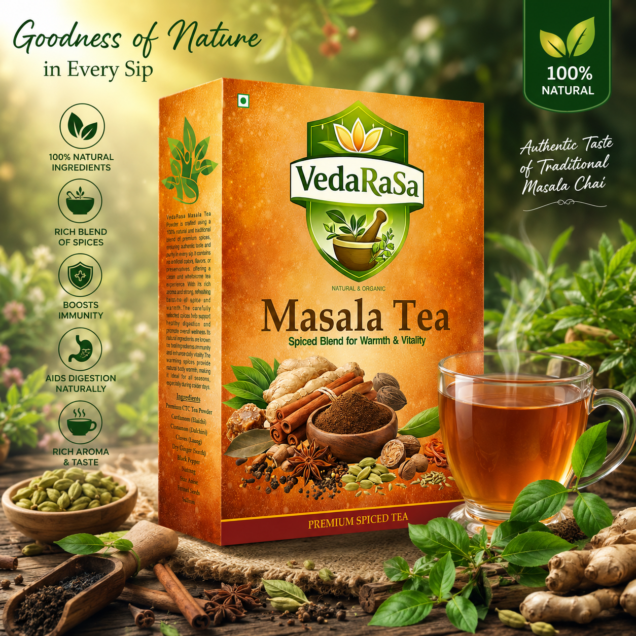 VedaRasa Masala Tea Powder 100g | Natural & Organic Herbal Spice Blend | Traditional Indian Masala Chai Mix | Rich Aroma & Flavor | Supports Digestion & Immunity