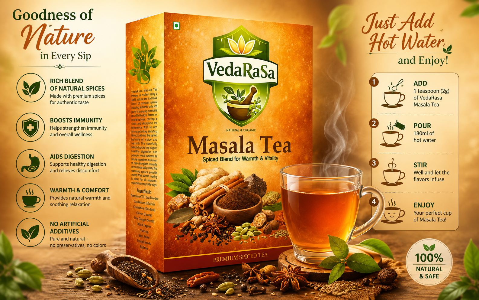 VedaRasa Masala Tea Powder 100g | Natural & Organic Herbal Spice Blend | Traditional Indian Masala Chai Mix | Rich Aroma & Flavor | Supports Digestion & Immunity