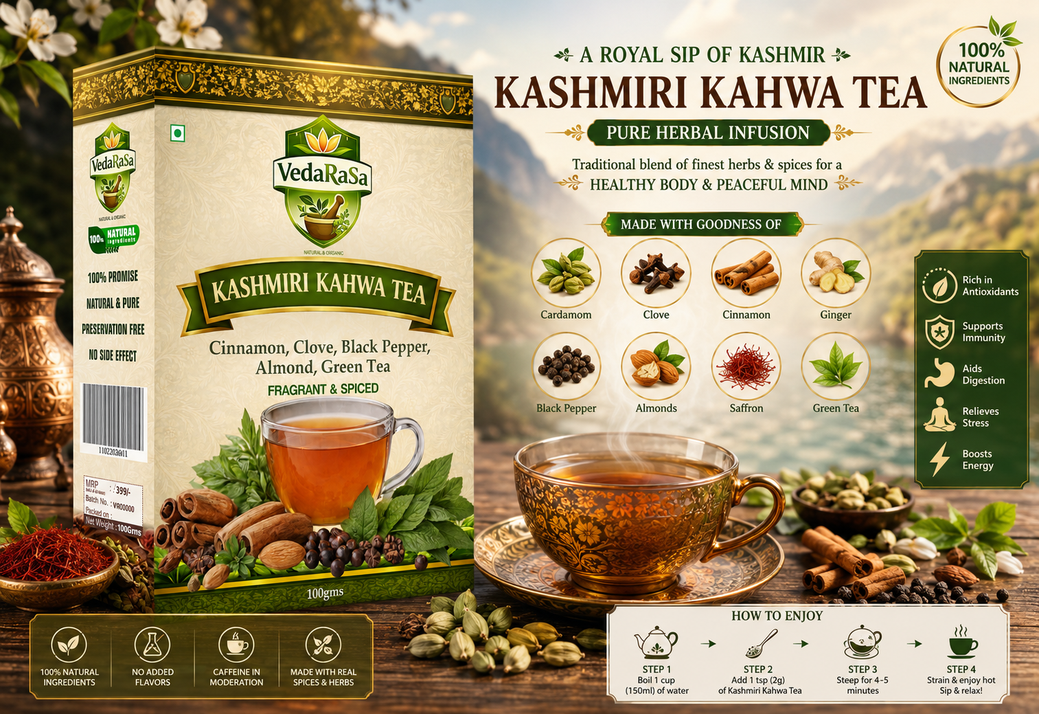 VedaRasa Kashmiri Kahwa Tea 100g | Premium Natural & Organic Herbal Infusion | Traditional Kahwa Blend | Supports Digestion, Immunity & Detox | Rich in Antioxidants