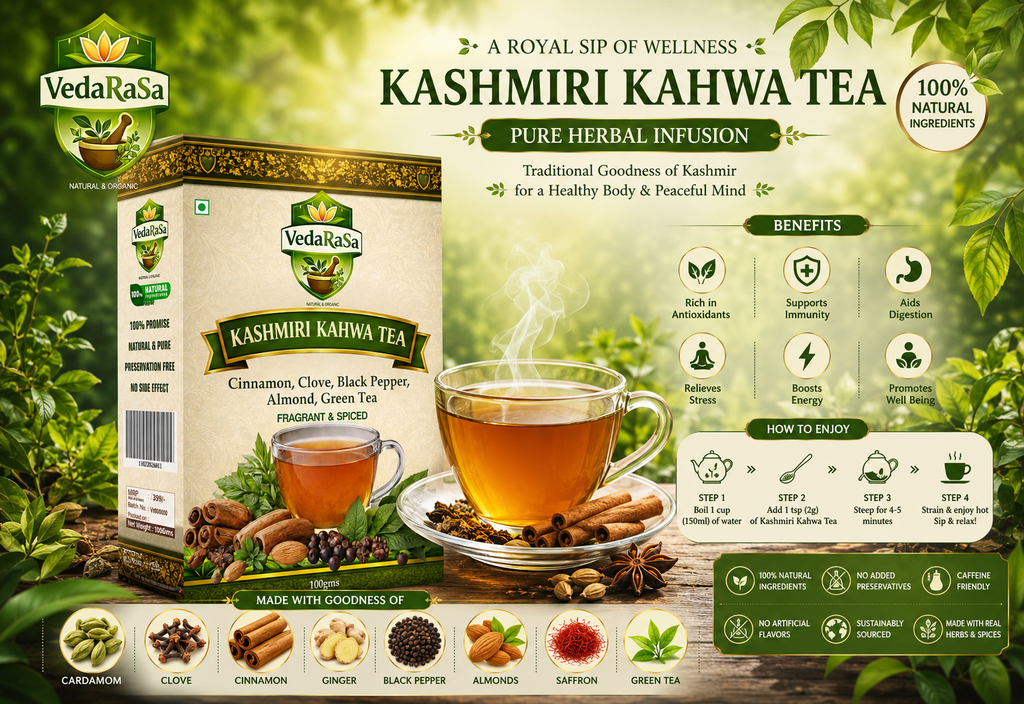 VedaRasa Kashmiri Kahwa Tea 100g | Premium Natural & Organic Herbal Infusion | Traditional Kahwa Blend | Supports Digestion, Immunity & Detox | Rich in Antioxidants