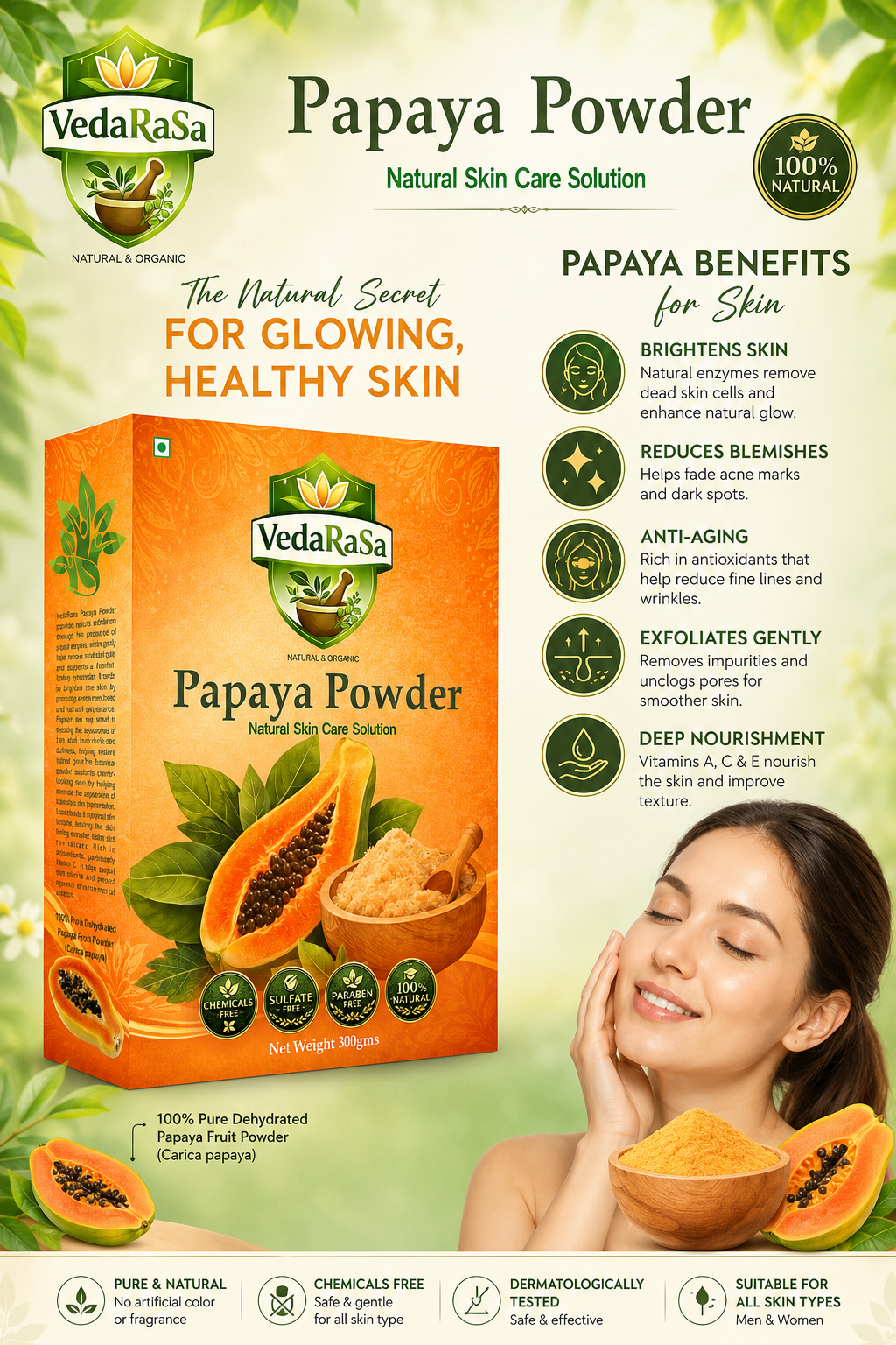 VedaRasa Papaya Powder 100% Natural & Organic Papaya Powder | Herbal Face Pack for Skin Brightening & Exfoliation | Supports Clear, Smooth & Glowing Skin | No Chemicals