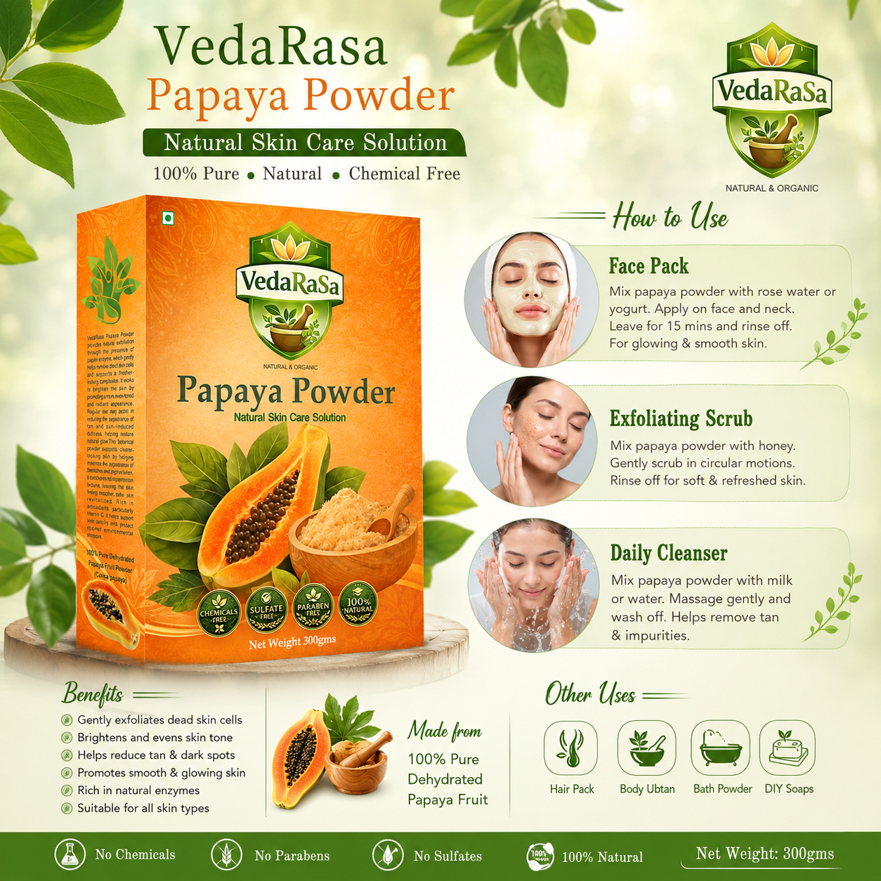 VedaRasa Papaya Powder 100% Natural & Organic Papaya Powder | Herbal Face Pack for Skin Brightening & Exfoliation | Supports Clear, Smooth & Glowing Skin | No Chemicals