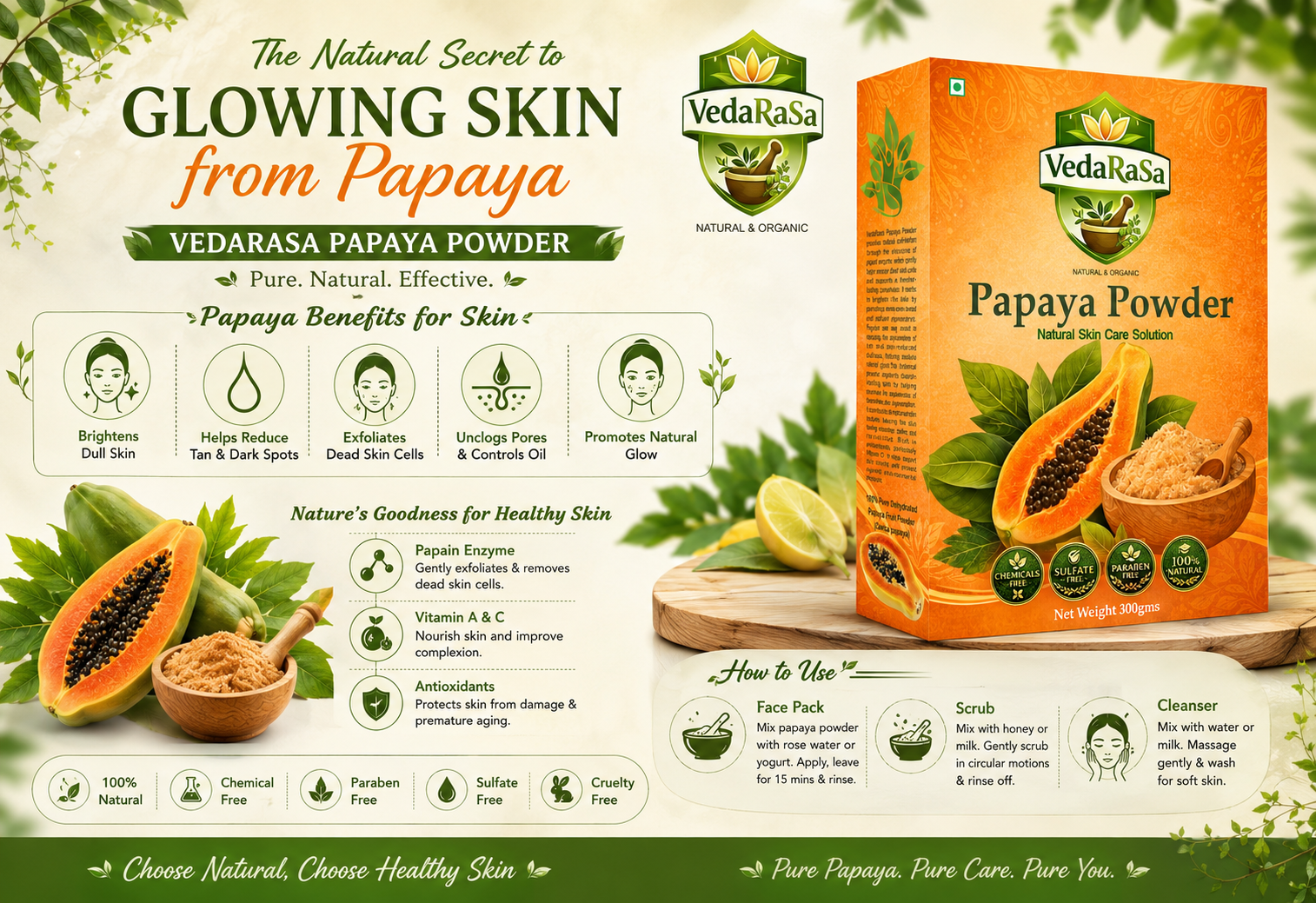VedaRasa Papaya Powder 100% Natural & Organic Papaya Powder | Herbal Face Pack for Skin Brightening & Exfoliation | Supports Clear, Smooth & Glowing Skin | No Chemicals