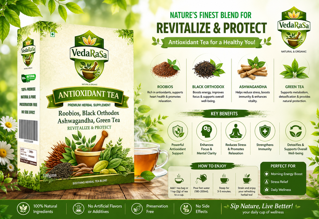 VedaRasa Antioxidant Tea 100g | Premium Natural & Organic Herbal Infusion | Rich in Antioxidants | Supports Immunity, Detox & Skin Health | Caffeine-Free | No Preservatives