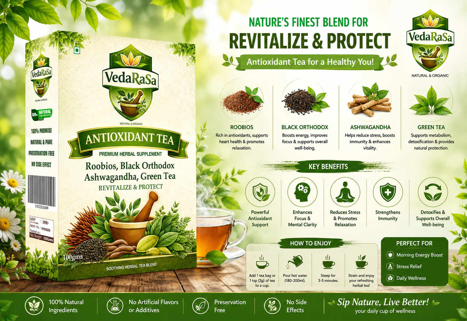 VedaRasa Antioxidant Tea 100g | Premium Natural & Organic Herbal Infusion | Rich in Antioxidants | Supports Immunity, Detox & Skin Health | Caffeine-Free | No Preservatives