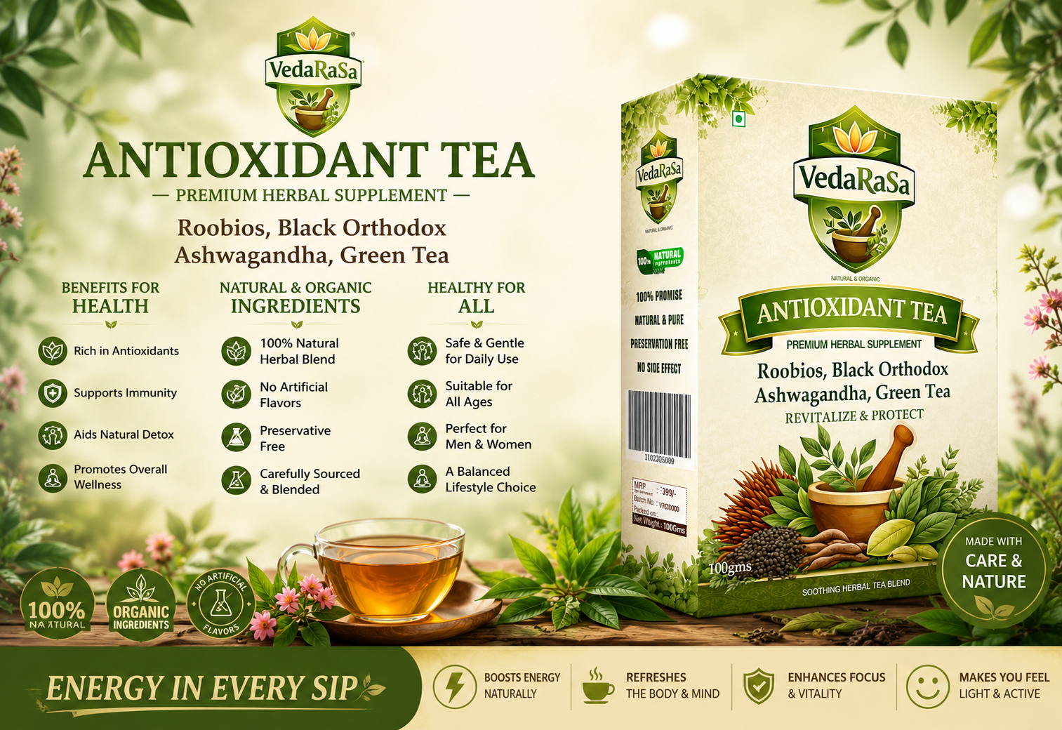 VedaRasa Antioxidant Tea 100g | Premium Natural & Organic Herbal Infusion | Rich in Antioxidants | Supports Immunity, Detox & Skin Health | Caffeine-Free | No Preservatives