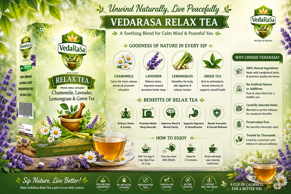 VedaRasa Relax Herbal Tea 100g | Chamomile, Lavender, Lemongrass & Green Tea | Natural Stress Relief & Sleep Support | Calming Ayurvedic Wellness Tea