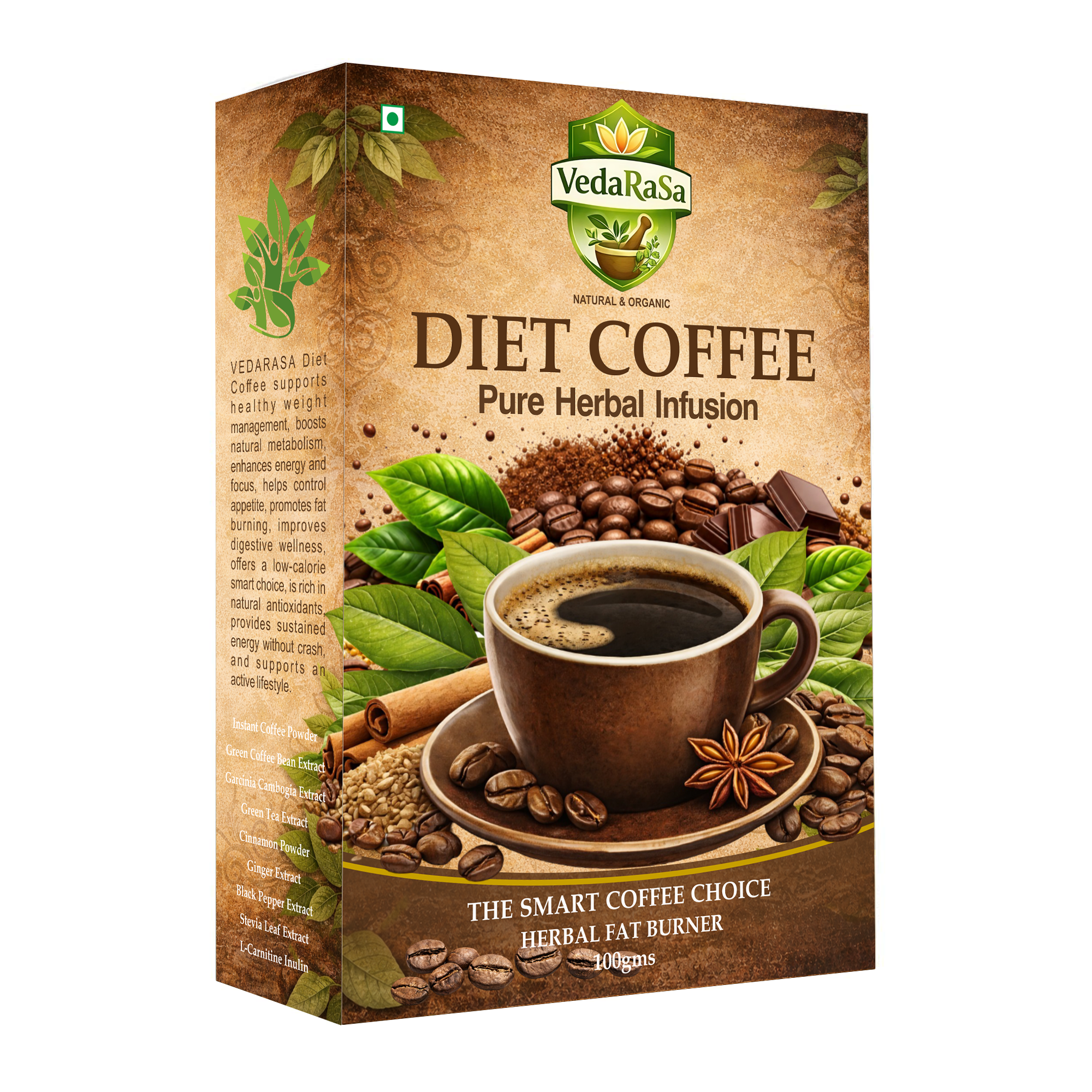 VedaRasa Diet Coffee Powder 100g | Natural & Organic Herbal Coffee Blend | Supports Weight Management, Metabolism & Energy | Low Calorie | No Added Sugar